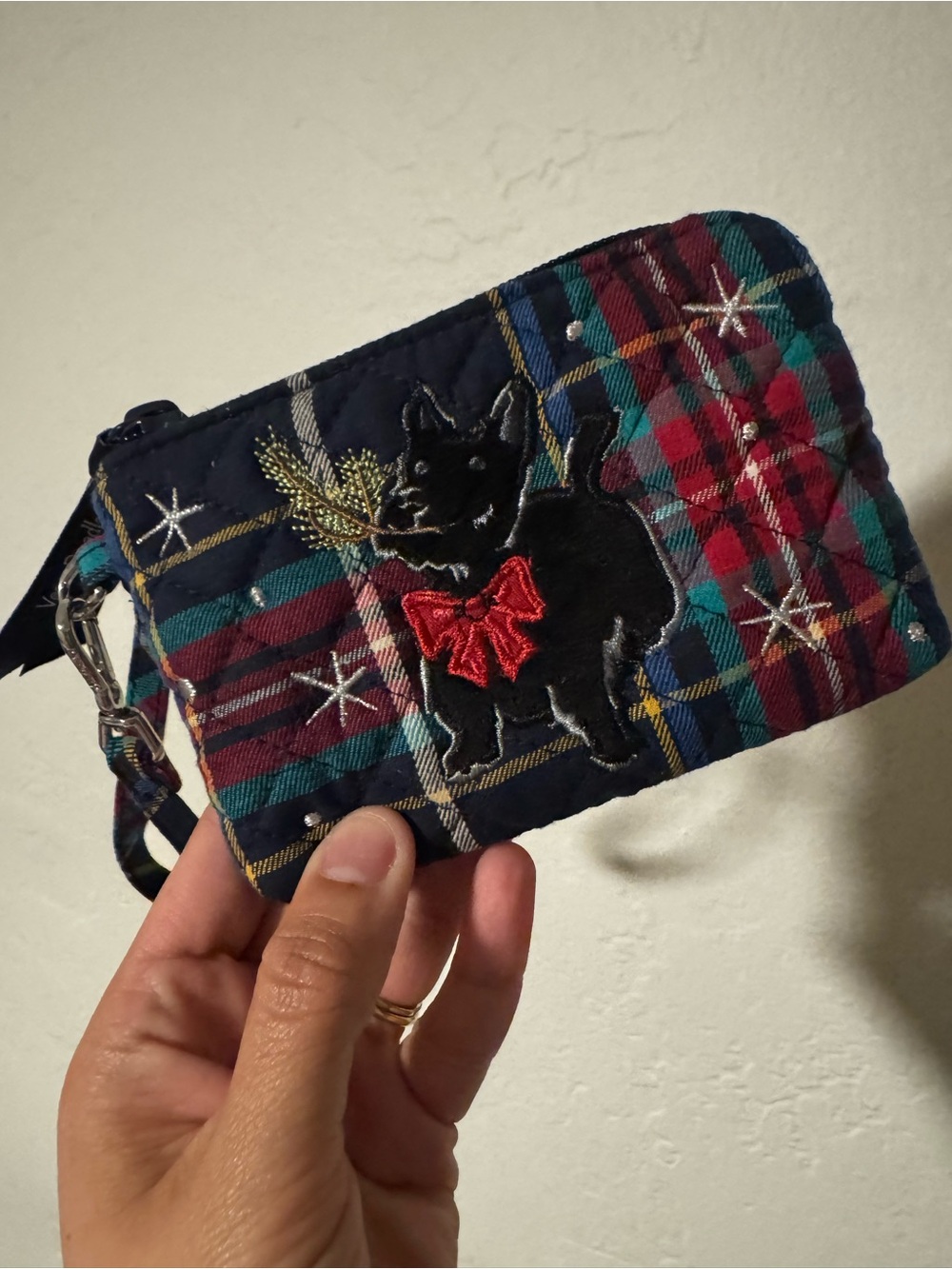 Quilted Plaid Wristlet Clutch with Embroidered Scottie Dog - Navy/Red